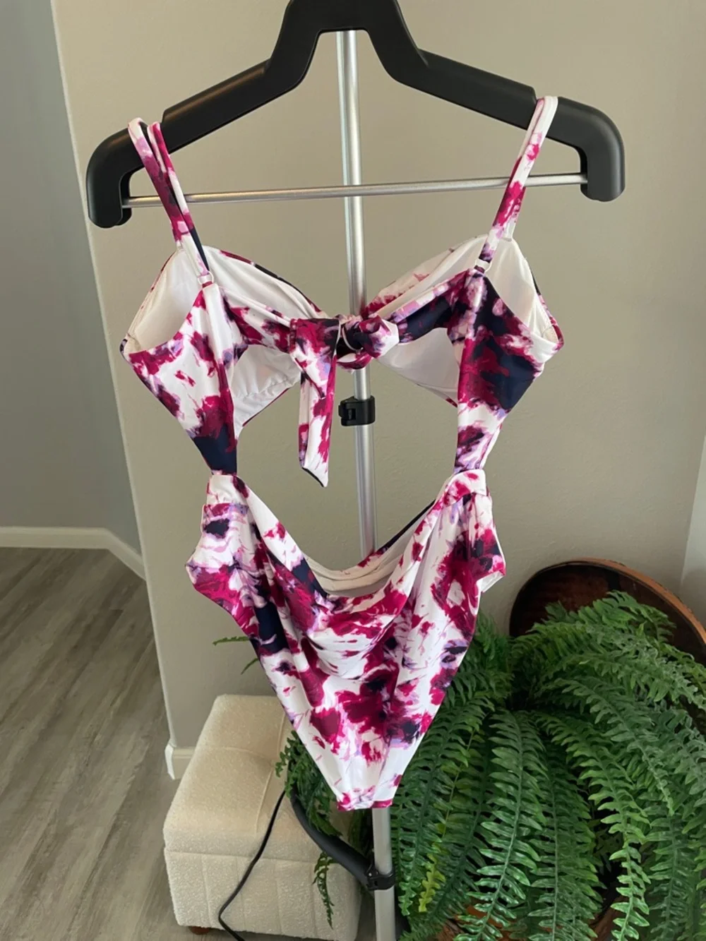 Aqua Pink and White Tie-Dye One-Piece Swimsuit with Front Knot